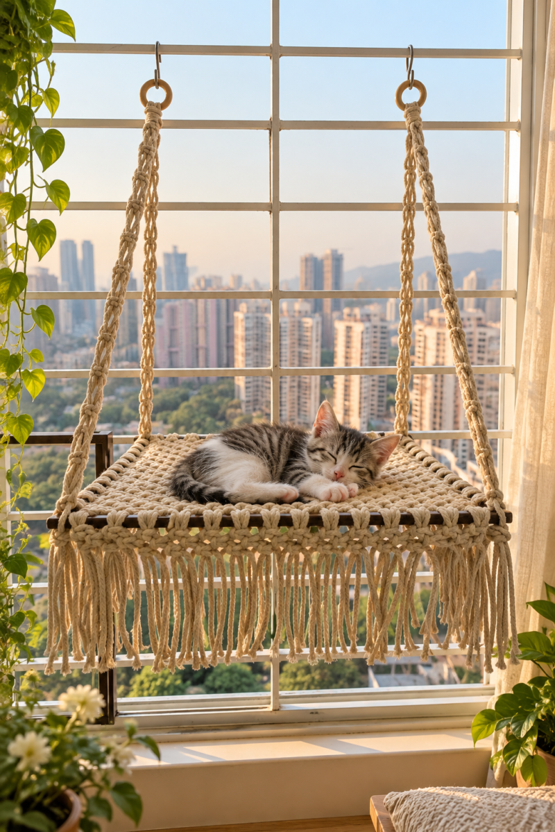 Macrame Window Mounted Cat Perch