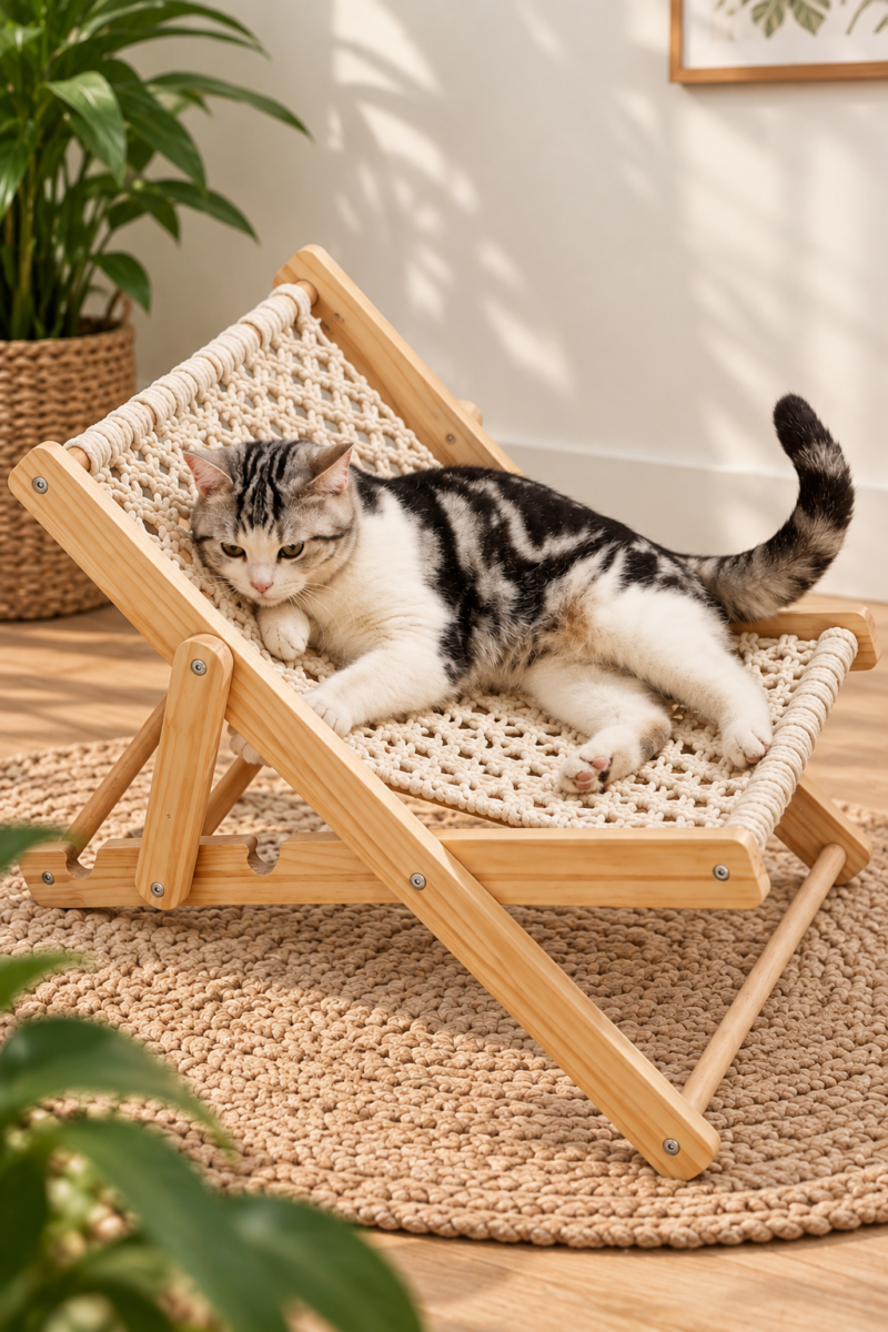 Wooden Macrame Cat Lounge Chair