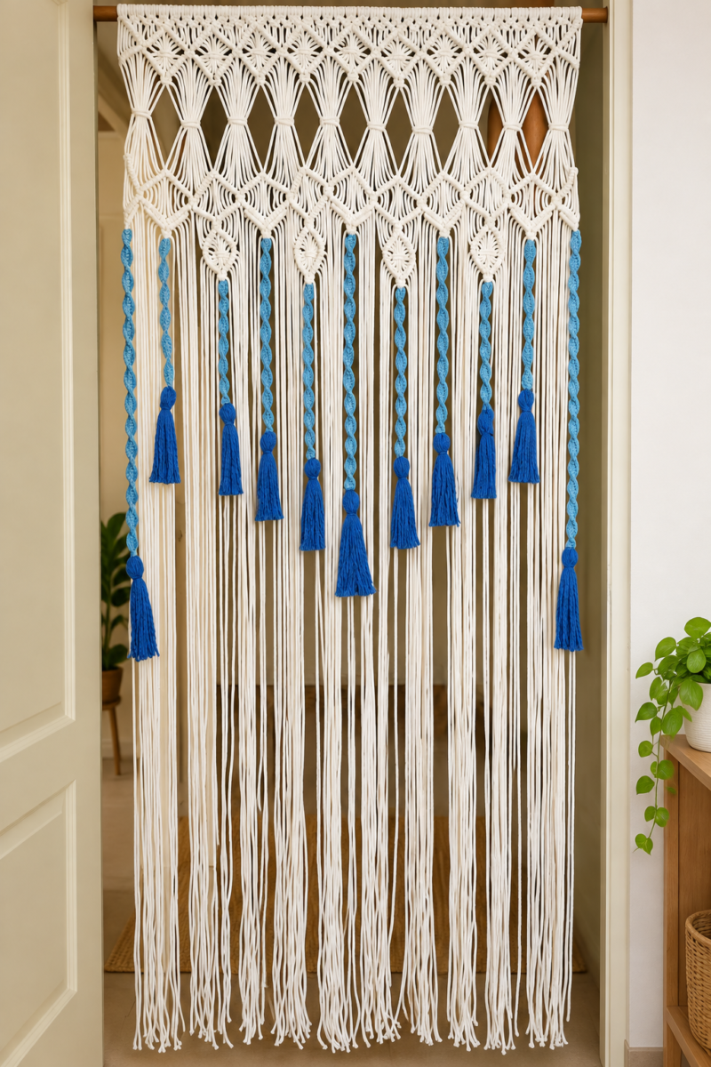 Boho Blue Accent Macrame Door Curtain