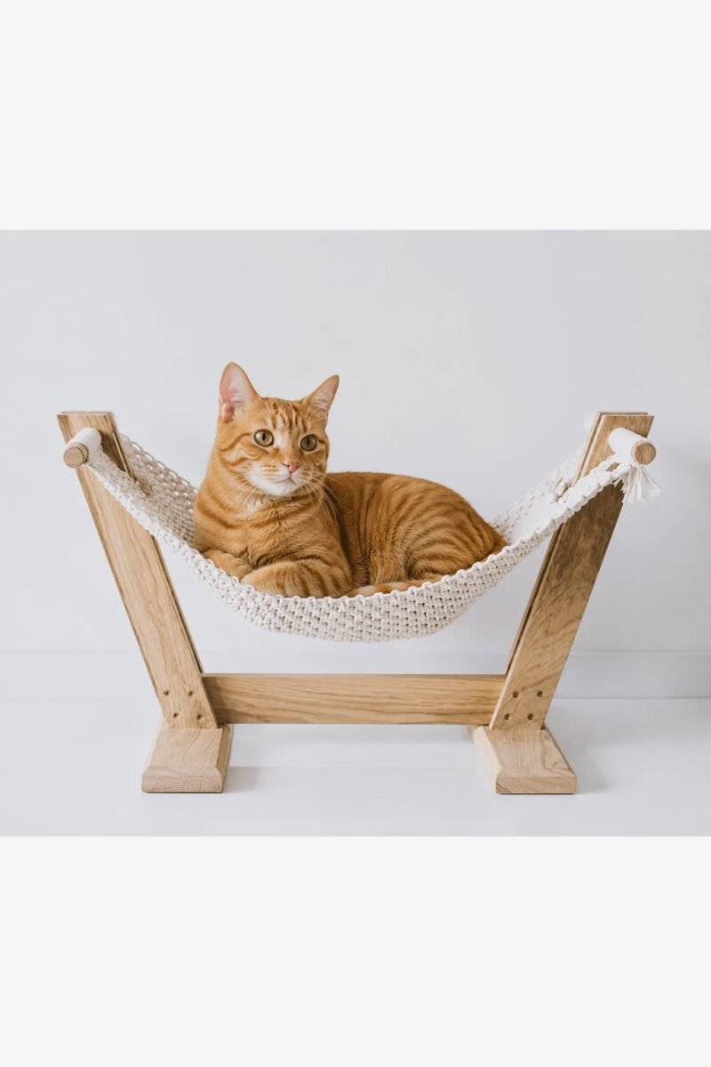 Macrame Cat Hammock with Wooden Stand